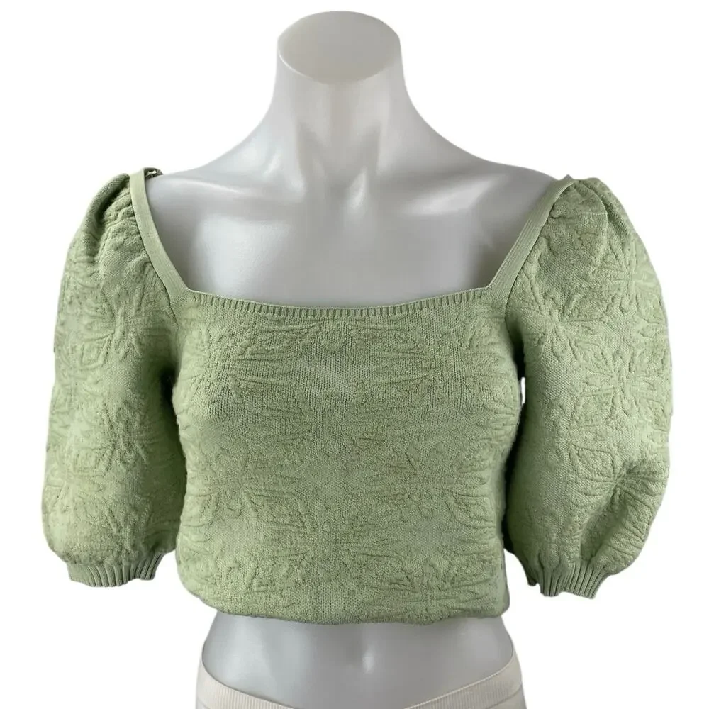 ZARA Light Green Jacquard Knit Short Puff Sleeve Square Neck Crop Blouse Top S